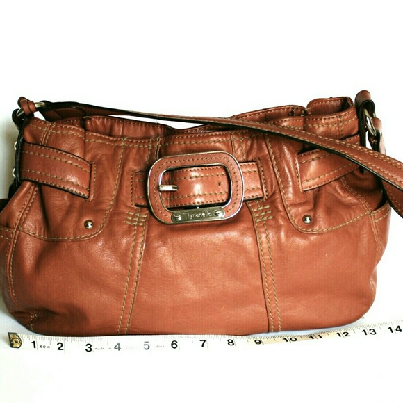 Tignanello buckle accent salmon orange leather shoulder bag/hand bag - Picture 3 of 8